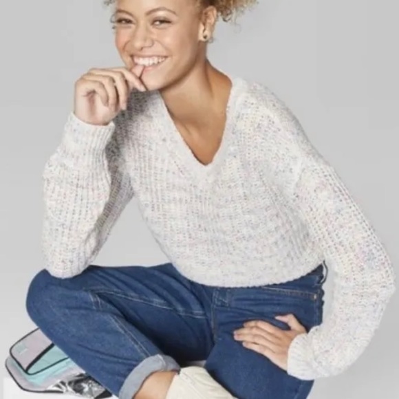 Women's Cropped Long Sleeve V-Neck Sweater ~ Wild Fable Multicolor - Picture 2 of 7